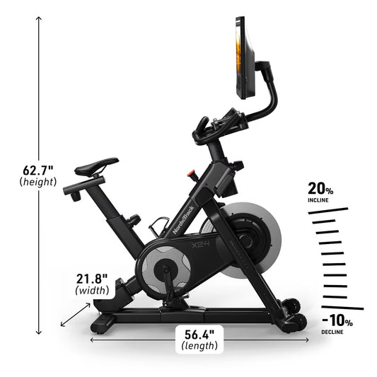 Incline bike with dimensions and incline scale on a white background