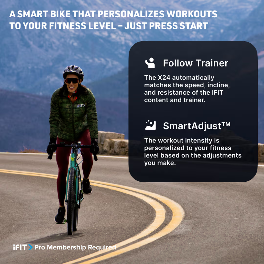 Woman cycling on a mountain road with promotional text about a smart bike and fitness app.
