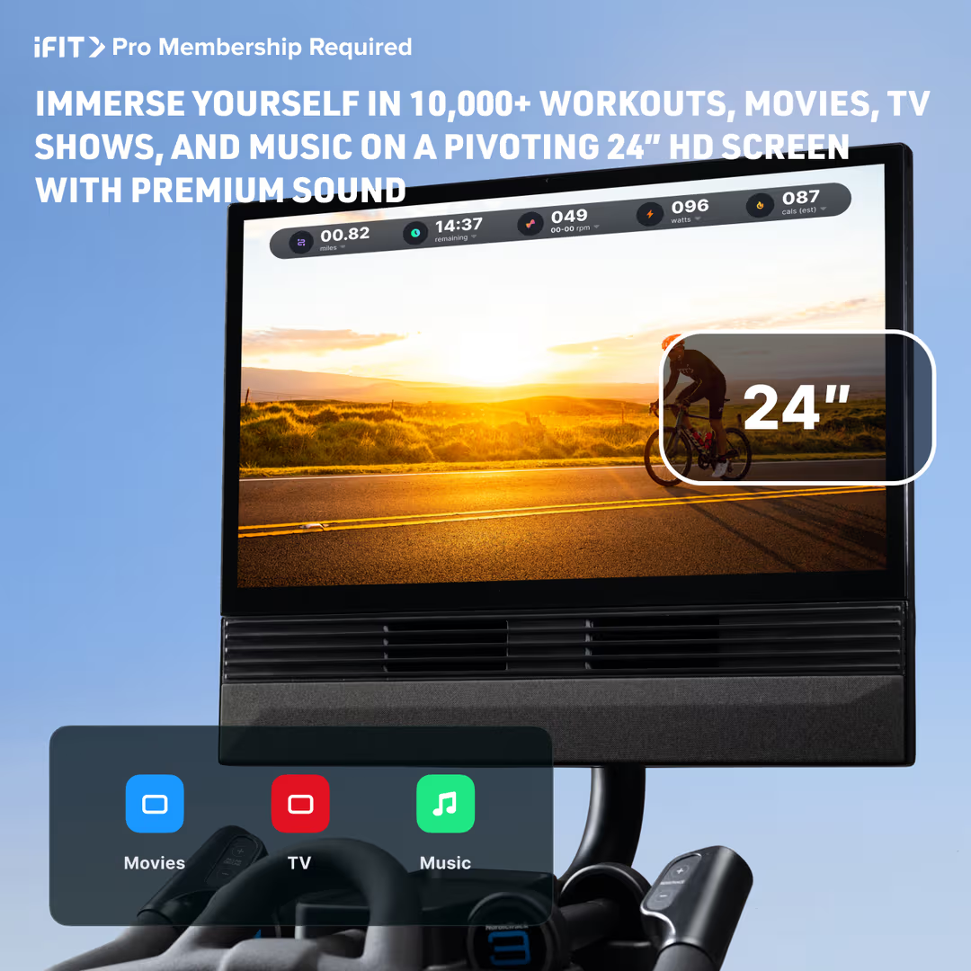 Pivoting 24" HD screen with fitness app interface on a blue background